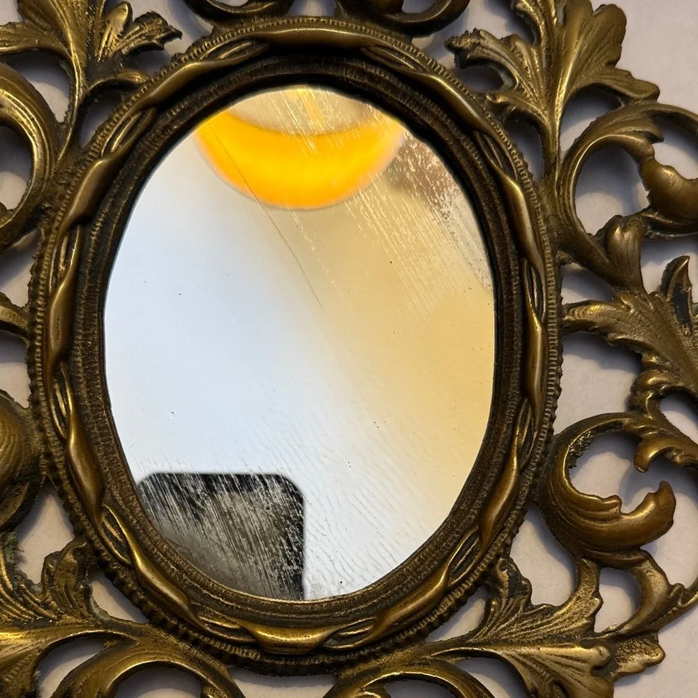 Vintage Antique Cast Iron Ornate Brass Finish Victorian Mirror / Picture Frame